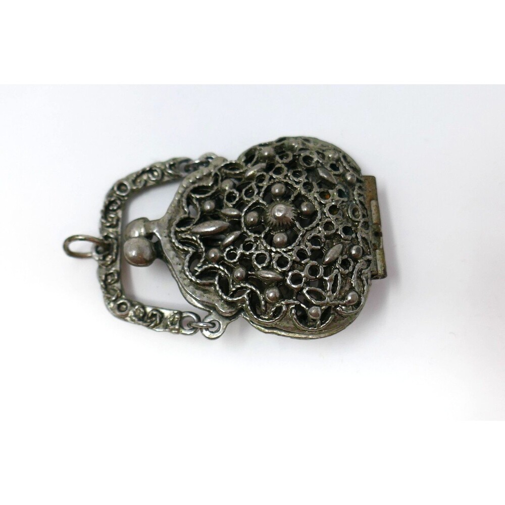 Vintage 1960s Art Deco Style Silver Tone Filigree Miniature Purse Locket Pendant - Picture 10 of 14